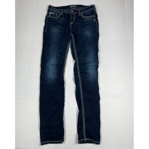 Silver Jeans Co Women’s 30 Suki Flap Super Skinny Dark Wash Denim Embroidered